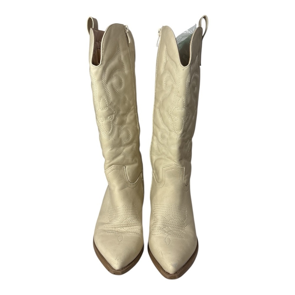 Womens Size 7.5 Cowboy Western Boots Pointy Toe Knee High Zipper Cream - Picture 3 of 8